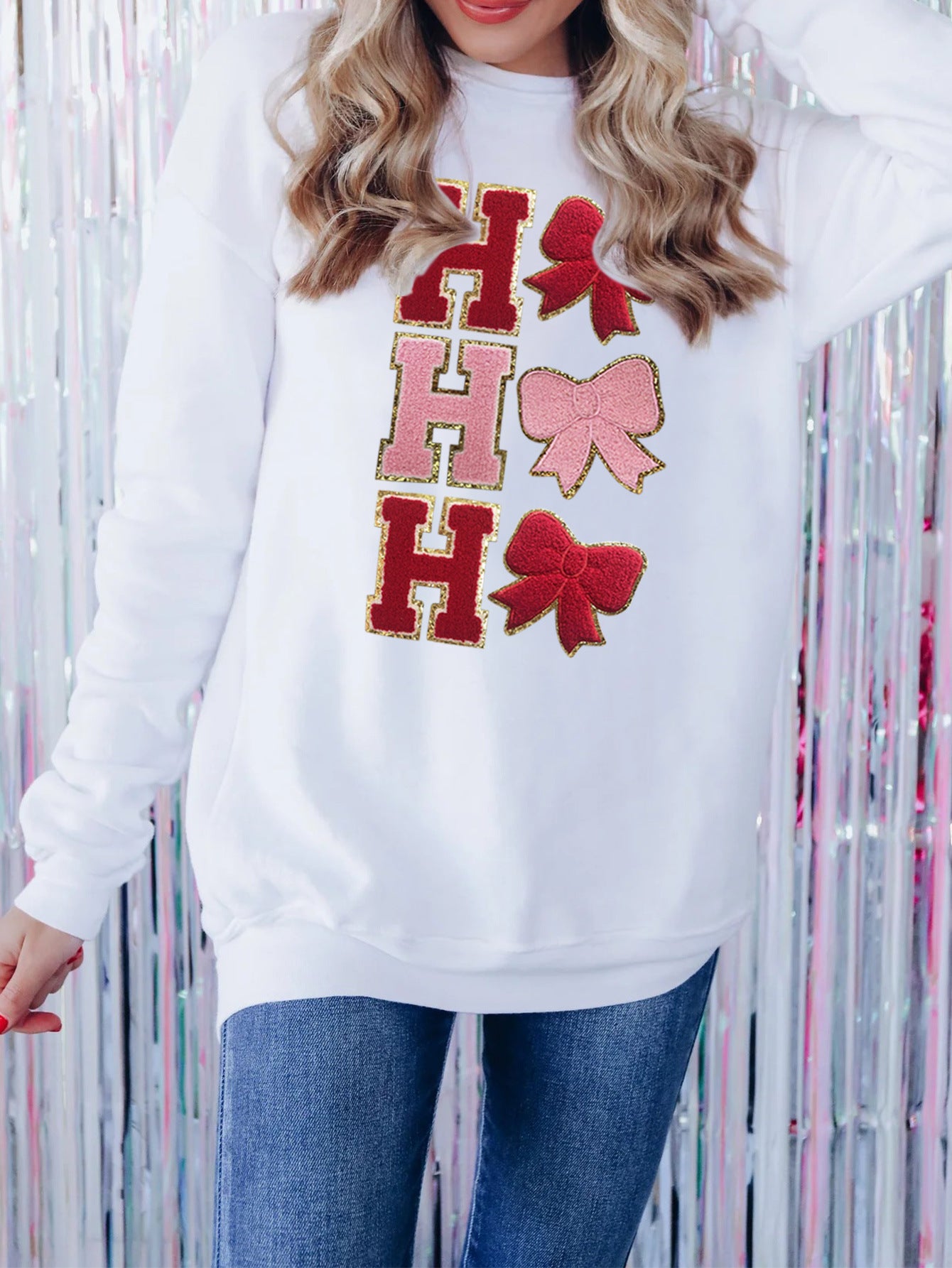 Christmas Letter Bow Round Neck Sweater