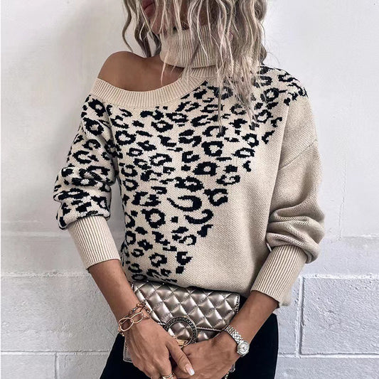 Leopard Print Stud For Autumn And Winter Women's Long-sleeved Sweater Shoulder-baring Sweater