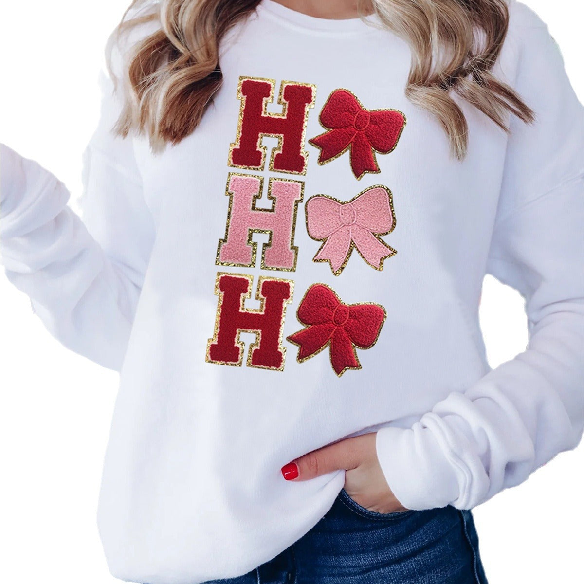 Christmas Letter Bow Round Neck Sweater